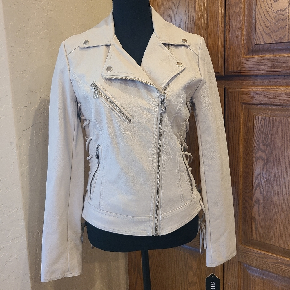 GUESS Leather Jacket, Stone Color - Picture 3 of 8